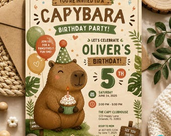 Invito di compleanno a tema capibara, invito per festa a tema capibara, festa di compleanno con animali carini, modello Canva, download digitale