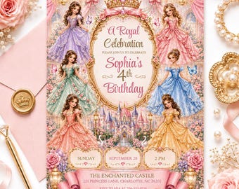 Birthday Princess Party Invite, Princess Birthday Invitation Girl, Her Royal Threeness Invite, Watercolor Royal Celebration, Canva Template