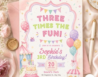Three Times the Fun Birthday Invitation | 3rd Birthday Girl Pink Whimsical Party Invite | Editable Canva Template | Digital Download