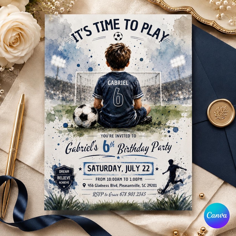 May include: Soccer-themed birthday party invitation. The watercolor design features a boy in a soccer uniform with the name "Gabriel" and the number "6". The invitation includes the text "It's Time to Play" and party details.