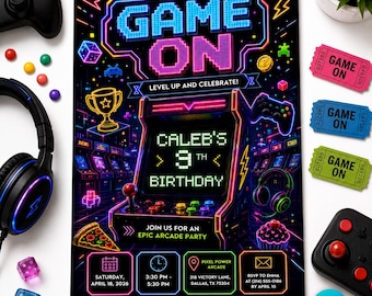 Video Game Party Invitation, Green Gamer Birthday Invitation, Level Up Birthday Invitation, Gamer Boy Template, Editable Canva Template