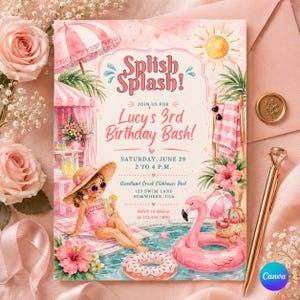 May include: A pink and white invitation for a pool-themed birthday party. The invitation features the text "Splish Splash!" and "Lucy's 3rd Birthday Bash!" with a cartoon illustration of a girl by a pool, a flamingo float, and a donut float.