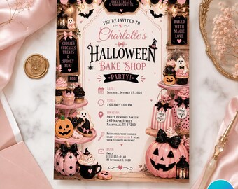 Halloween Bake Shop Birthday Invitation, Pink Halloween Party Invite, Spooky Bakery Birthday, Editable Canva Template, Digital Download