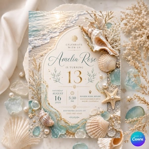 Puede incluir: Una tarjeta de invitación rectangular con temática de playa, arena y olas del mar. El texto dice: Celebrate with us, Amelia Rose is turning 13, Saturday August 16 2026, 5:30 PM, Seaside Pearl Resort, Malibu, California.