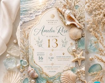 Coastal Birthday Invitation Template, Ocean Beach Birthday Party Invite, Seashell Birthday, Canva Template, Digital Download