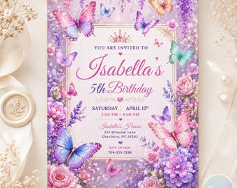 Butterfly Invite, Pink Butterfly Birthday Invitation, Girl Butterfly Party, Fairy 1st Birthday, Editable Canva Template