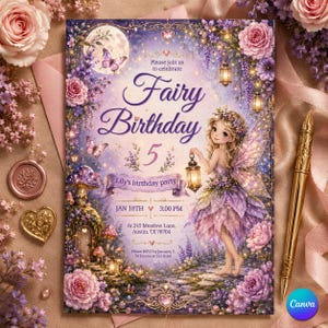 Könnte beinhalten: Eine Einladung zum Geburtstag mit Feen-Motiv, mit einer Feen-Illustration, einem Vollmond, Schmetterlingen und floralen Dekorationen. Die Einladung enthält den Text "Fairy Birthday 5" und Veranstaltungsdetails.