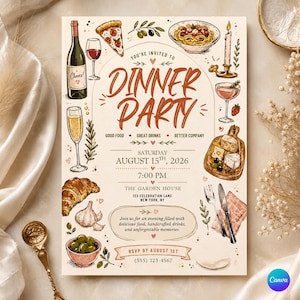 Dinner Party Invitation Template, Food & Drink Doodle Invite, Editable Canva Invitation, Adult Birthday Party, Instant Download