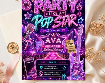 Pop Star Music Birthday Invitation, Pop Star Birthday Party, Neon Glow Party Like A Pop Star Girl Birthday Invite, Editable Canva Template