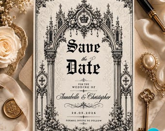 May include: An ornate wedding invitation with the text "Save the Date" in elegant black script. The design features gothic architectural elements, floral accents, and the names Annabelle & Christopher, with the date 28.05.2026.