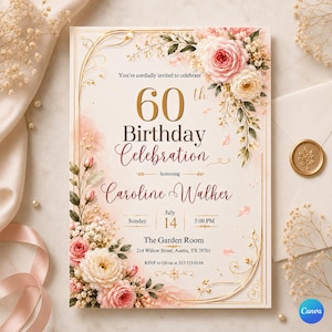 Può includere: Un invito floreale per il 60° compleanno con cornice e dettagli dorati. L'invito presenta rose rosa e bianche, il testo "60° Compleanno" e i dettagli dell'evento. L'invito è per Caroline Walker.