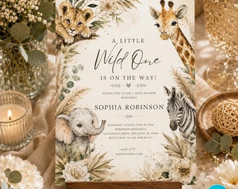 Safari Baby Shower Invitation, Oh Boy Safari Baby Shower Invitation, Jungle Animals Boy Baby Shower Invite, Neutral Greenery Canva Template