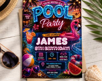 Pool Party Birthday Party Invitation Template, Hand Drawn Whimsical Swim Birthday Invite, Pink Bow Coquette Summer Birthday Pool Celebration