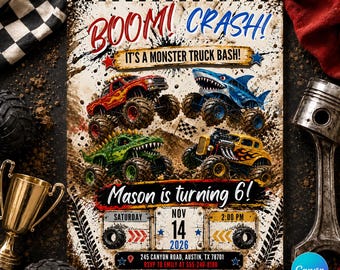 Monster Truck Birthday Invitation, Editable Boom Crash Monster, Bash Printable Invite, Trucks Birthday Template Boys Jam, any age, Canva