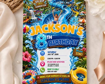 Water Slide Birthday Invitation Template, Water Park Party Invite, Editable Canva Template, Summer Splash Birthday Invitation
