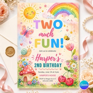 May include: A colorful birthday invitation with the text "TWO much FUN!" and "Harper's 2ND BIRTHDAY". The design includes a smiling sun, rainbow, butterfly, snail, bee, flowers, and cherries. The invitation is for a party on June 14th.