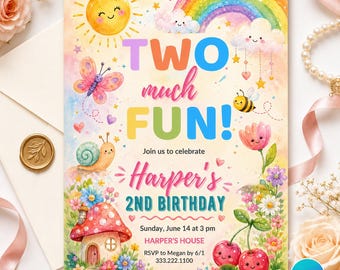 Two Much Fun Birthday Invite, Colorful 2nd Birthday Template, Editable Girl Party Invite, Watercolor, Gingham, Rainbow, Canva Template