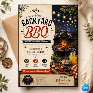 May include: A Backyard BBQ invitation with a vintage design. The invitation features the text "BACKYARD BBQ" in large, bold letters, along with illustrations of a grill, food, and drinks. The invitation also includes RSVP information.