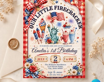 4th of July Birthday Invitation | Patriotic Girl Birthday Invite | Little Firecracker Party Canva Template | Digital Download