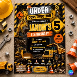 Op de afbeelding: Een rechthoekige verjaardagsuitnodiging met een bouwthema, voorzien van gele graafmachines en kiepwagens op een achtergrond van aarde. De tekst bevat UNDER CONSTRUCTION, JAXON'S 5TH BIRTHDAY, 15 AUGUSTUS 2026, 14:00 UUR, CONSTRUCTION FUN PARK, DALLAS.