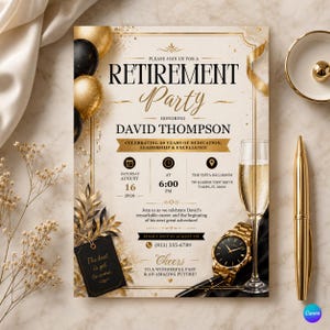 Op de afbeelding: Een uitnodiging voor een pensioenfeest voor David Thompson met gouden en zwarte ballonnen, een champagneglas en een gouden polshorloge. De tekst bevat de datum 16 augustus 2026, om 18:00 uur in The Vista Ballroom, Tampa, FL, en RSVP-details.