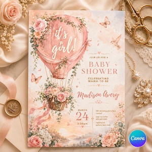 May include: A baby shower invitation with a pink hot air balloon design and the text "it's a girl!". The invitation includes floral accents, butterflies, and details for the event, including the date, time, and location.
