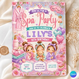 Op de afbeelding: Een spa-feestuitnodiging in roze en paarse tinten. De uitnodiging bevat illustraties van meisjes in badjassen, spa-thema-items en de tekst "Join us for a Spa Party" en "Lily's 10th Birthday".