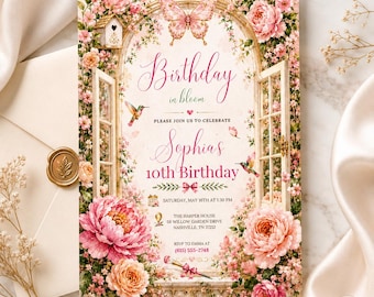 Editable Flower Bloom Invitation, Wildflower Birthday Invitation, Flower Stems, Boho Wildflower Party Printable Invitation Canva Template