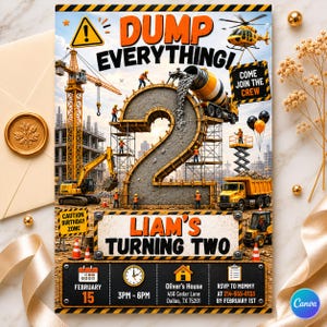 Op de afbeelding: Een verjaardagskaart met een bouwthema met de tekst "DUMP EVERYTHING!" en "LIAM'S TURNING TWO." Het ontwerp bevat een groot nummer 2, bouwmachines en een helikopter. De uitnodiging bevat datum, tijd en locatie.