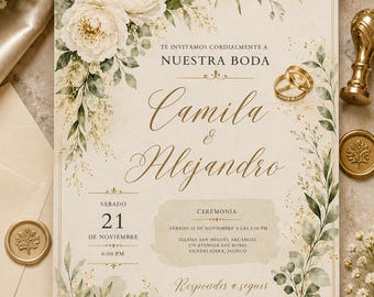 Invitación para Boda en Español para Editar, Elegant White Floral Engagement Ring Spanish Wedding Invitation Editable Wedding Canva Template