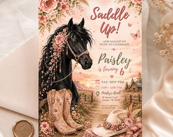Cowgirl Horse Birthday Invitation | Saddle Up Western Party Invite | Pastel Cowgirl Canva Template | Digital Download