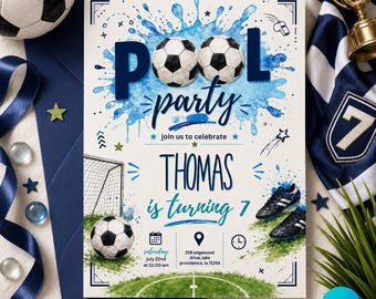 Soccer Birthday Invitation | Pool Party Soccer Theme | Boy Sports Summer Birthday Invite | Editable Canva Template | Instant Download