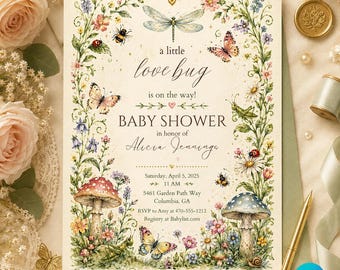 Love Bug Baby Shower Invitation, Spring Garden Shower Invite, Whimsical Floral Baby Shower Invitation, Editable Baby Shower Canva Template