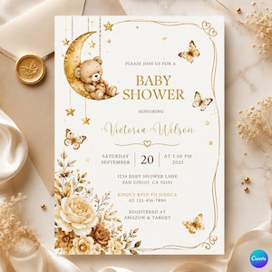 May include: A white baby shower invitation card featuring a gold crescent moon with a teddy bear, gold stars, butterflies, and floral accents. The text reads: PLEASE JOIN US FOR A BABY SHOWER HONORING Victoria Wilson SATURDAY SEPTEMBER 20 AT 3:00 PM 2025.
