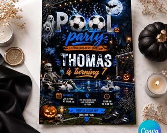 Halloween Pool Party Birthday Invitation, Soccer Pool Birthday Invite, Editable Canva Template, Spooky Summerween Kids Birthday Digital