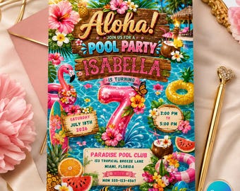 Invito per il 7° compleanno a tema "Aloha Pool Party", invito per una festa estiva in piscina a tema Luau, modello Canva modificabile.