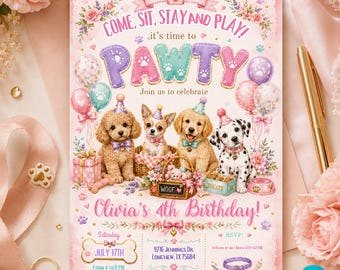 Dog Puppy Birthday Party Invitation - Custom Invite personalized for a girl - Instant Digital Template