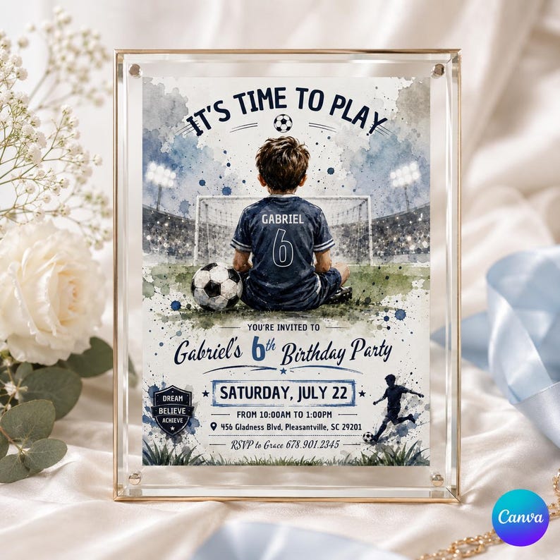 May include: A framed invitation for Gabriel's 6th birthday party. The design features a watercolor illustration of a soccer player on a field with a soccer ball. The text reads "It's Time to Play" and includes party details.