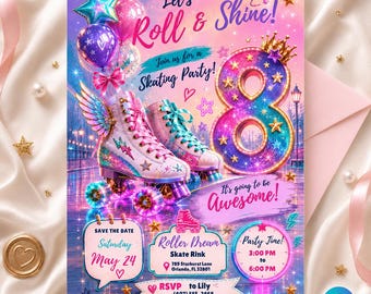 Editable Roller Skating Birthday Invitation, Retro Neon Glow Skate Party Invite, Rolling Into 8 Years Old Template, Editable Canva Template
