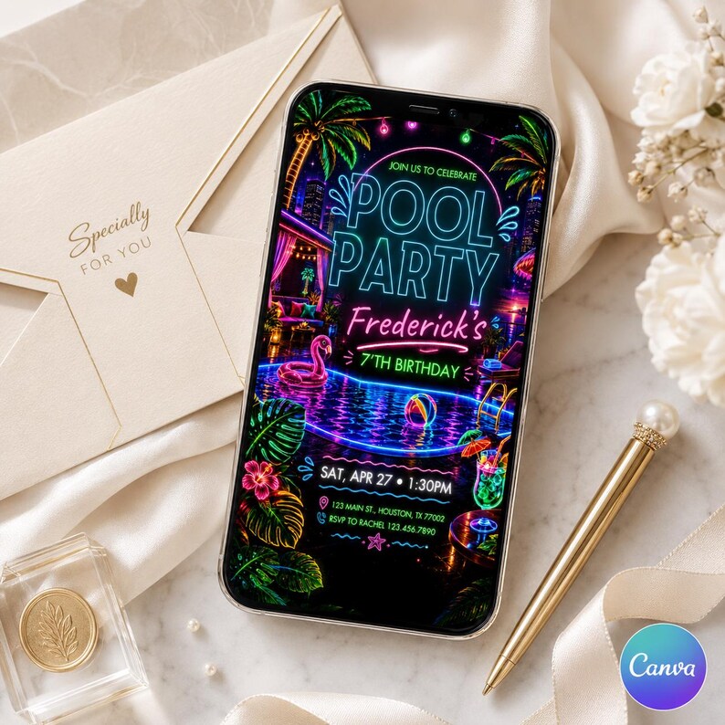 Neon Pool Party Birthday Invitation | Editable Summer Pool Party Invite ...