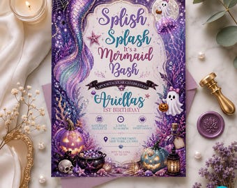 Halloween Mermaid Birthday Invitation, Splash Splash It's a Mermaid Bash, Spooky Mermaid Party Invite, Editable Canva Template