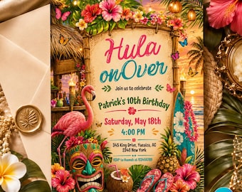Hula On Over Birthday Invitation, Colorful Tropical LUAU Party Invite, Hawaiian theme, Aloha party invitation, Editable Canva Template