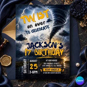 Könnte beinhalten: Eine Geburtstagseinladung mit einer Wirbelsturm-Illustration. Der Text lautet "Twist on over to celebrate Jackson's 7th Birthday" mit Veranstaltungsdetails. Das Design hat einen stürmischen Himmel im Hintergrund und Veranstaltungsdetails.