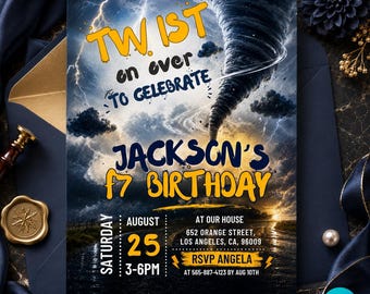 Editable Tornado Birthday Invitation, Storm Hurricane Party Invite, Fun Weather Theme Birthday Invitation | Canva Template, Instant Download