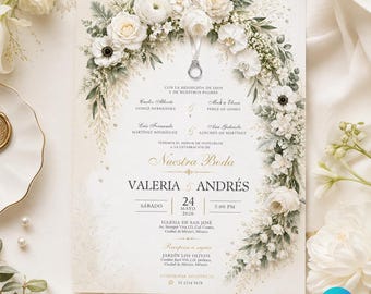 Invitación para Boda en Español para Editar, Elegant White Floral Engagement Ring Spanish Wedding Invitation Editable Wedding Canva Template