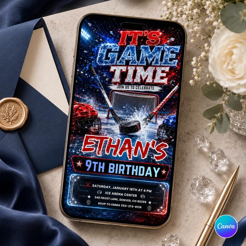 May include: A smartphone displays a hockey-themed birthday invitation. The design features the text "IT'S GAME TIME" and "ETHAN'S 9TH BIRTHDAY" in red and blue. Hockey sticks, a puck, and helmets are also visible. The invitation includes event details.