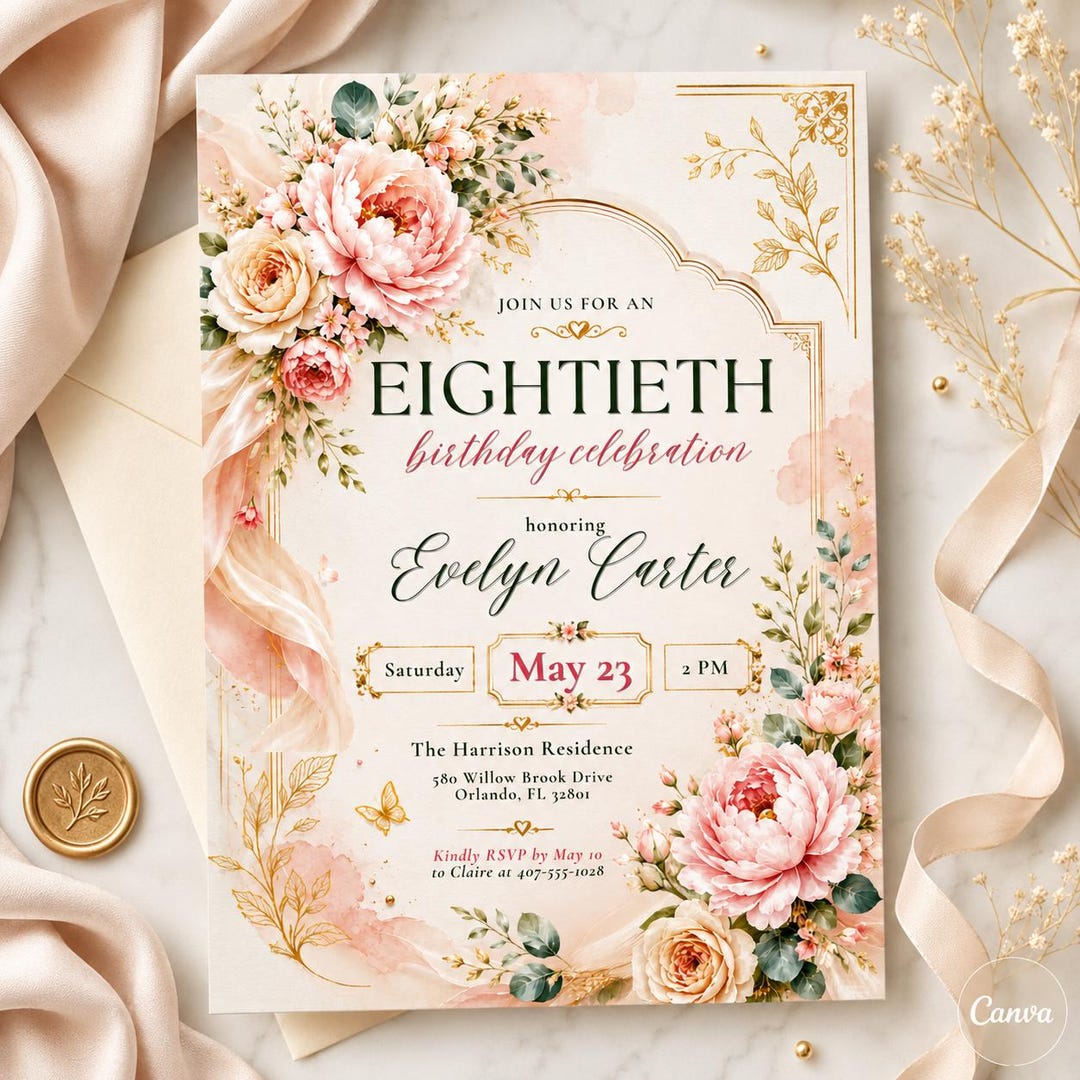 Floral Eightieth Birthday Invitation, 80th Birthday Invitation ...