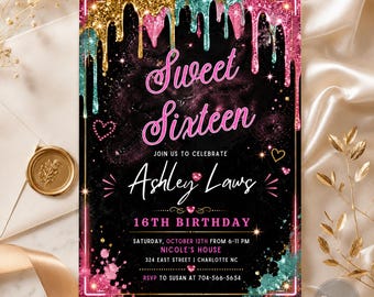 Teen Birthday Invitation | Pink & Teal Glitter Birthday Invite | Any Age Girl Birthday Party | Editable Canva Template | Instant Download