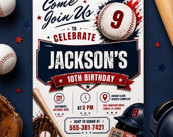 It’s Game Time Birthday Invitation, Sports Party Invite, Baseball 9th Birthday Invitation , Editable Canva Template