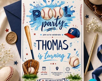 Baseball Birthday Invitation | Pool Party Baseball Theme | Boy Sports Summer Birthday Invite | Editable Canva Template | Instant Download